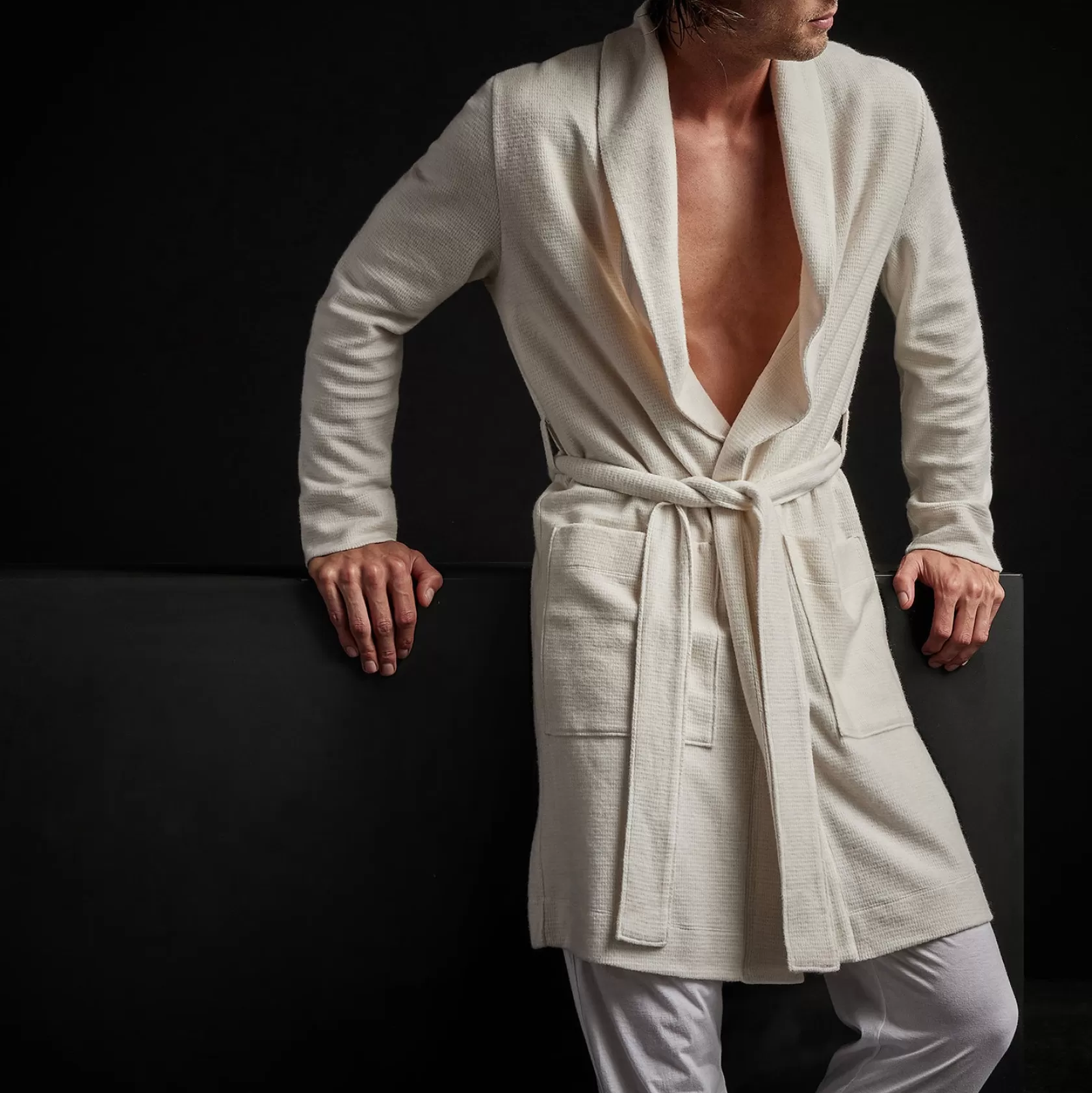 Clearance Brushed Thermal Knit Hooded Robe Men Lounge