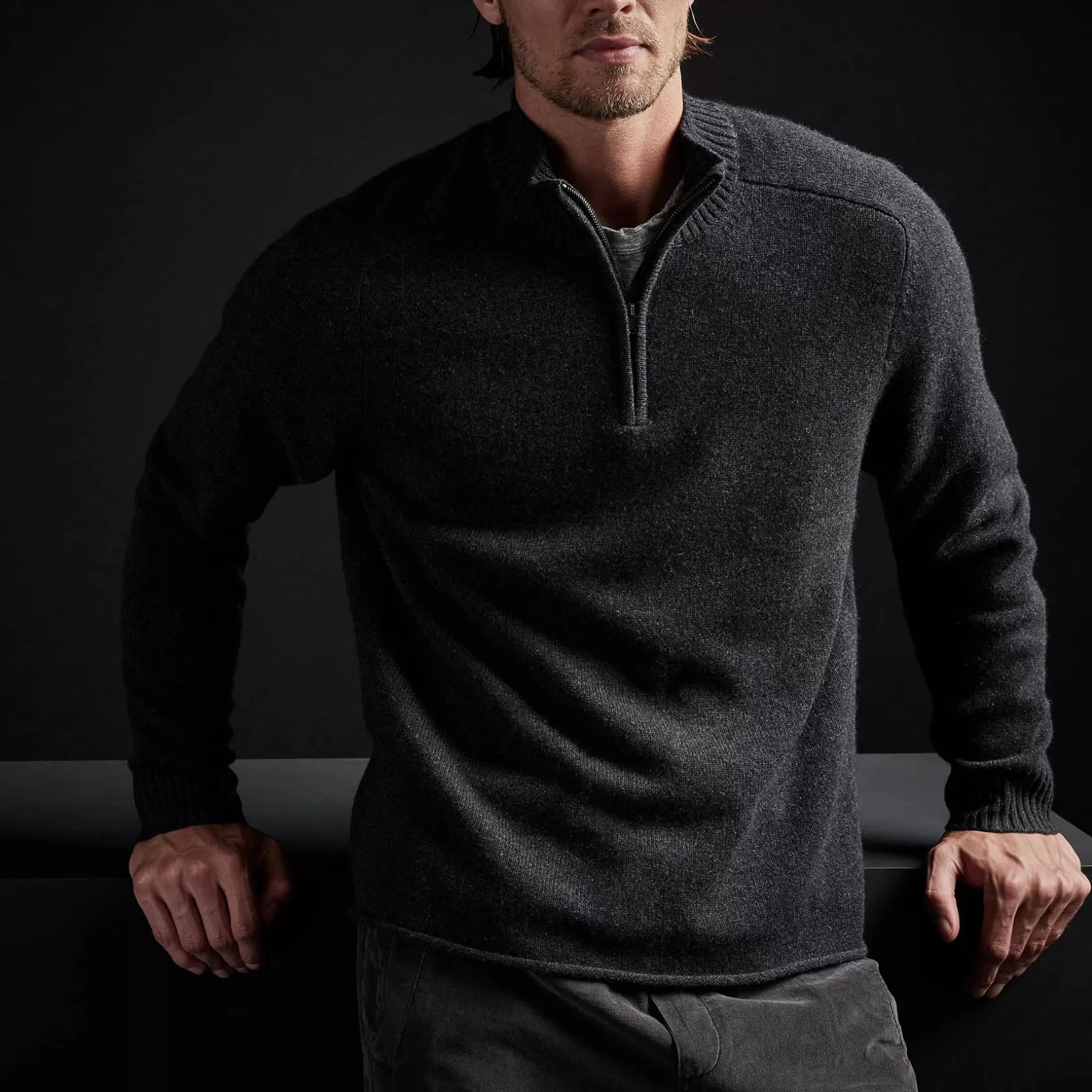 Online Cashmere Saddle Shoulder Half Zip Men Sweaters